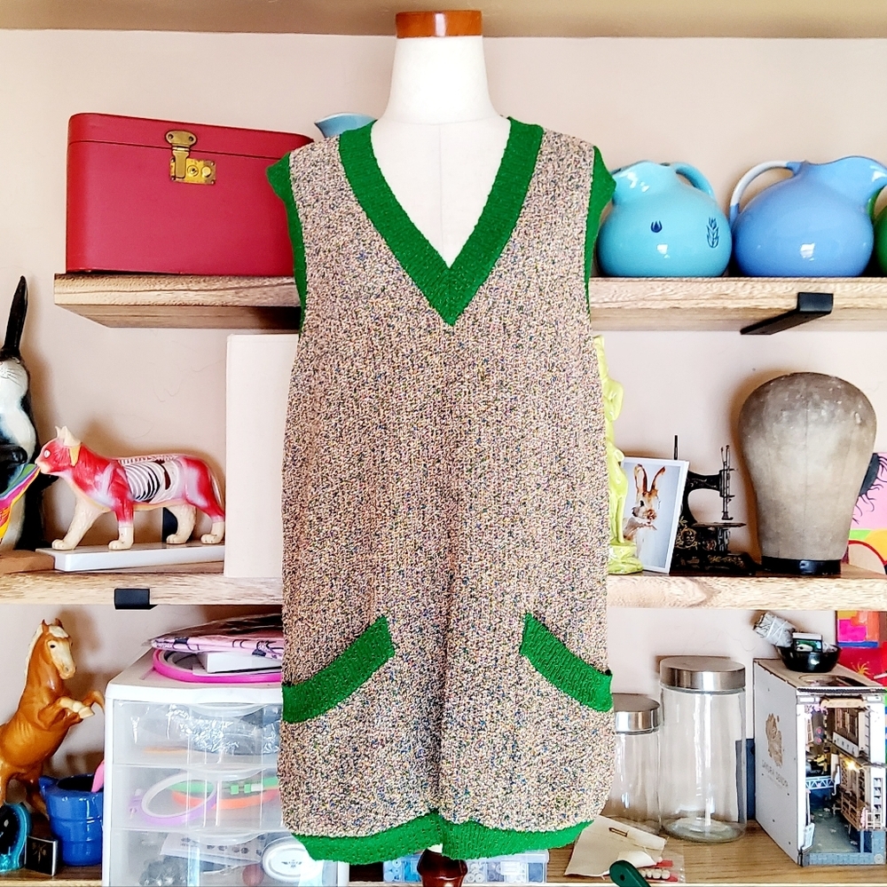 Missoni Multicolor Knit V-Neck Sweater Vest with Green Trim